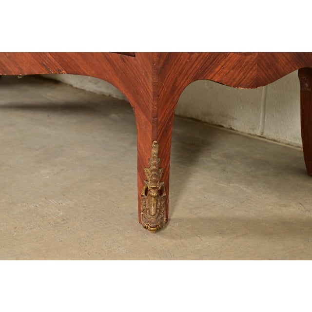 Paul Sormani Style Antique French Provincial Louis XV Kingwood Inlaid Marquetry Marble Top Commodes With Mounted Ormolu | Pair For Sale - Image 12 of 15