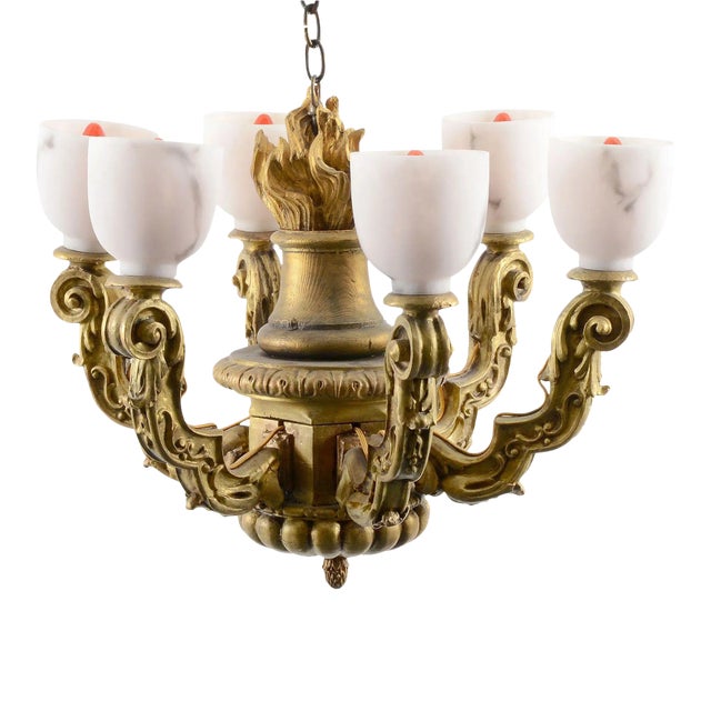 1910's Art Nouveau Italian Carved Gilt Wood & Alabaster Chandelier For Sale
