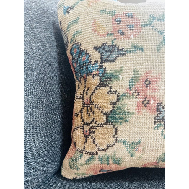 Vintage Turkish Isparta Rug Pillow Cover 16x16 – Floral Wool Cushion For Sale - Image 10 of 11