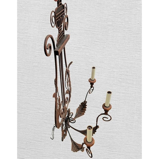 Brown Vintage Huge Iron Rust Brown Lyre Harp 3 Arm Electric Wall Sconce Lamp Fixture For Sale - Image 8 of 9