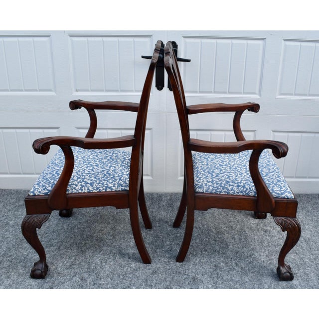 Antique Pair Mahogany Armchairs Chippendale Style Carved Ball Claw Foot Dining For Sale - Image 13 of 18