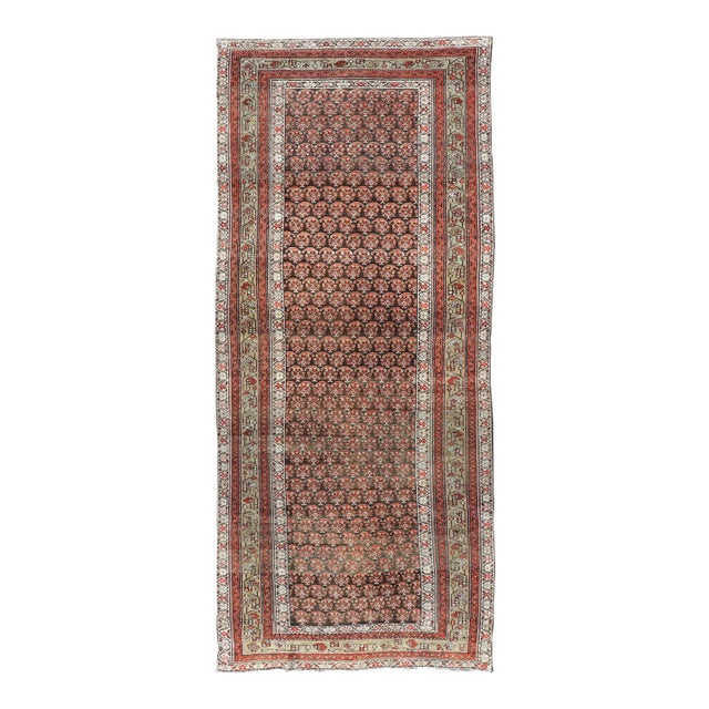 Antique Kurdish Gallery Runner With All-Over Paisley Design in Brown, Red, Green 4'3 X 10'1 For Sale