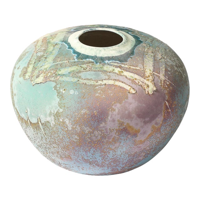 Mid-Century Glazed Gray & Violet Textural Ceramic Vase Signed Tony Evans For Sale