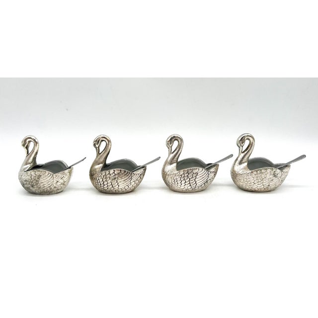 Mid 20th Century Set of Four Silver -Plated Swan Salt Cellars With Glass Inserts and Spoons — Vintage Tableware, Hollywood Regency Style For Sale - Image 5 of 12