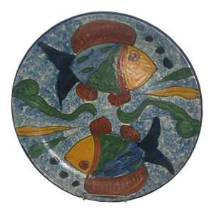 Vintage Mexican Pottery Fish Plate Folk Art Hand Painted Large 12” Dia