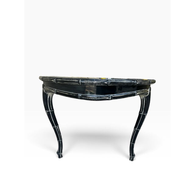 Chinoiserie Vintage Chinoiserie Dark Jade Lacquer Faux Bamboo Dining Table With Glass & Woven Panel Top For Sale - Image 3 of 13