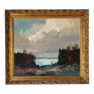 Willi Bauer, (Germany, B. 1923) Lakeside Landscape Oil Painting, Framed