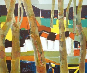 1980s "Village Normandy" Cubist Style Signed and Numbered Lithograph by Rene Couturier