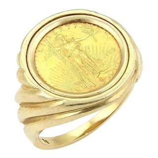22k Saint Gaudens 1/10 Oz $5 Gold Coin Set in 14k Gold Ring - Size 10 For Sale