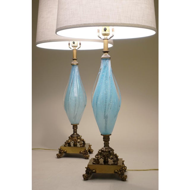 Murano 1960s Large Barovier Toso Murano Italy Thick Aqua Swirl Art Glass Ornate Brass Table Lamps - a Pair For Sale - Image 4 of 11