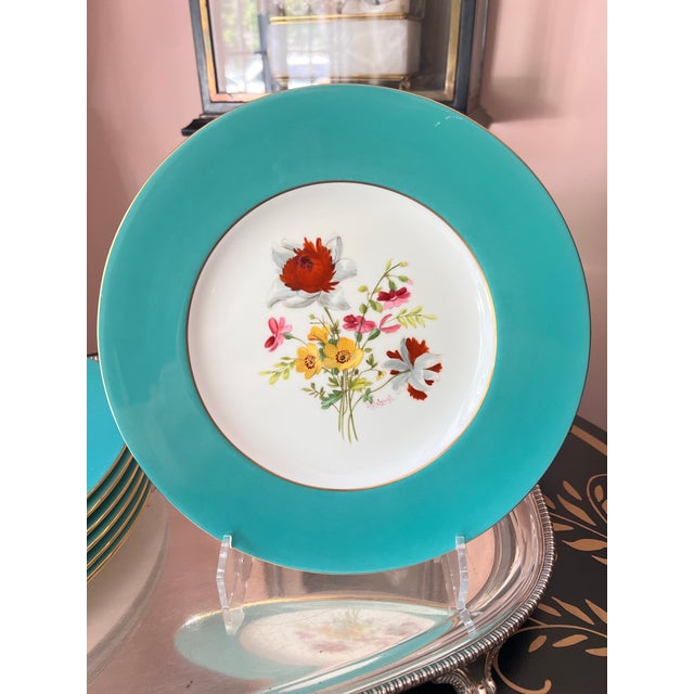 1940s 1940s Rare Set of Hand-Painted Minton Floral Dinner Plates With Aqua Band and Gilt Rim // Signed by Artist J Colclough // Set of 9 For Sale - Image 5 of 12