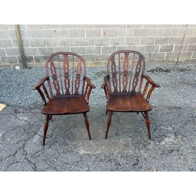 Farmhouse Pair of 19th Century Low Back Solid Wood Windsor Armchairs For Sale - Image 3 of 16