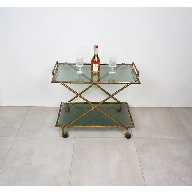 Faux Bamboo Brass & Smoked Glass Serving Cart from Rue Royale, France, 1960s For Sale - Image 10 of 18