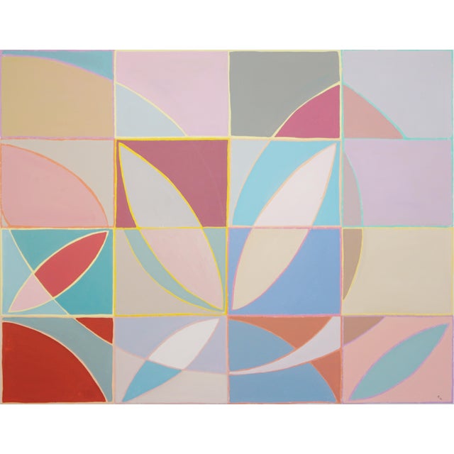 2026, Color Field Modernist Painting of Tulip Echo, Bauhaus Grid, Large Pastel Tones on Canvas by Natalia Roman For Sale