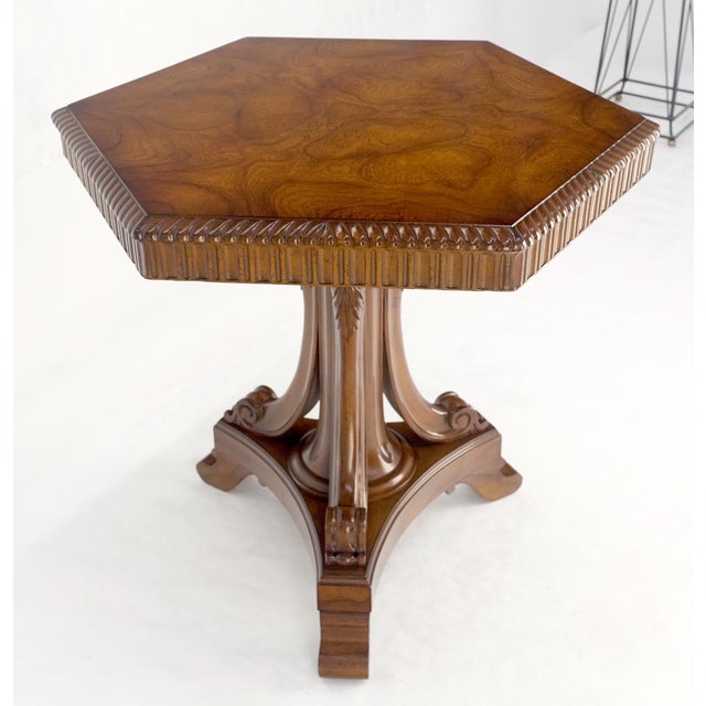 Kittinger Fine Hexagon Burl Wood Top Tripod Carved Scroll Base Rope Edge Center Table MINT For Sale - Image 4 of 17