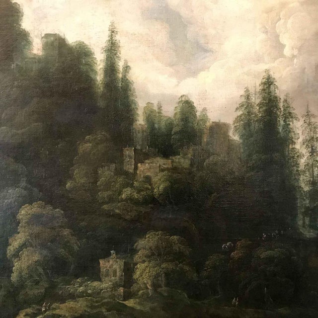 Blue Venetian School, Animated Mountain Landscape with Architecture, 1800s, Oil on Canvas For Sale - Image 8 of 12