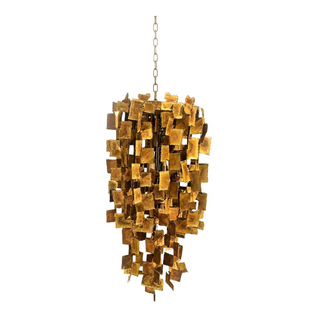 1960s Mid Century Modern Tom Greene Brutalist Torch-Cut Brass Chandelier for Feldman 1960s For Sale
