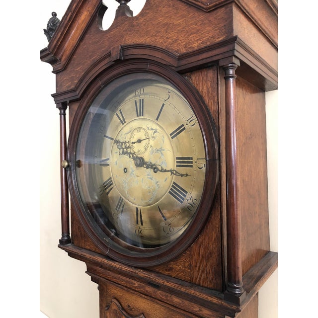 Antique English Oak Tall Case Grandfather Clock For Sale - Image 4 of 11