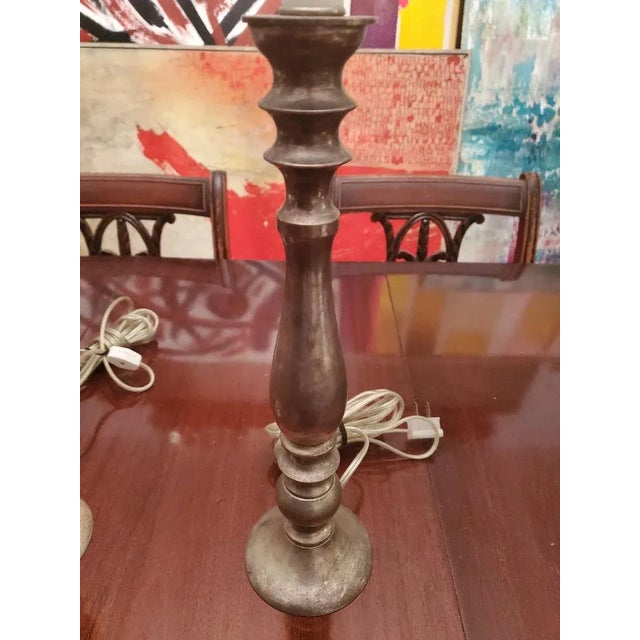 Pair Mid-Century Modern Silvered Candlestick Lamps For Sale - Image 4 of 4