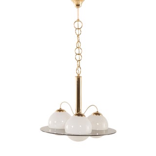 Mid-Century Italian Brass and Opaline Glass Chandelier in the style of Romeo Rega, 1970s For Sale