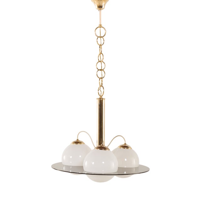 Mid-Century Italian Brass and Opaline Glass Chandelier in the style of Romeo Rega, 1970s For Sale