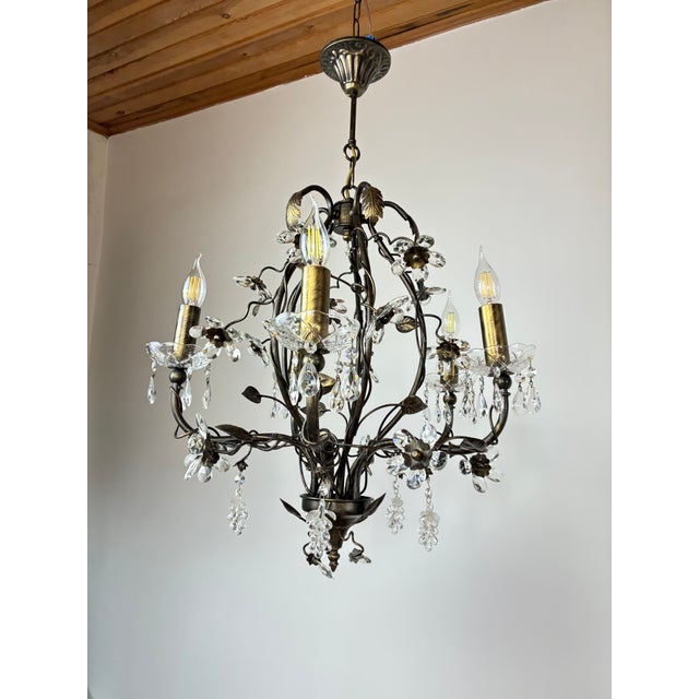 Transparent Large Vintage 1990s Wrought Iron Floral Chandelier With Crystal Flowers & Grape Details For Sale - Image 8 of 18