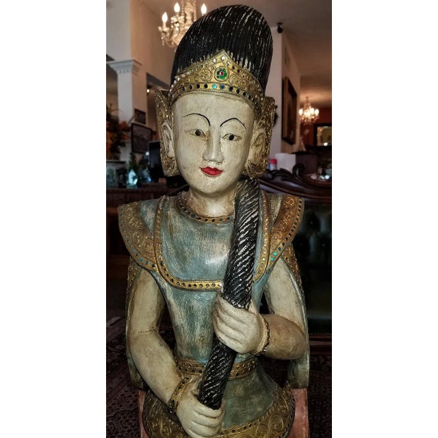 Wood Early 20th Century Thai Goddess Polychrome Statue For Sale - Image 7 of 12