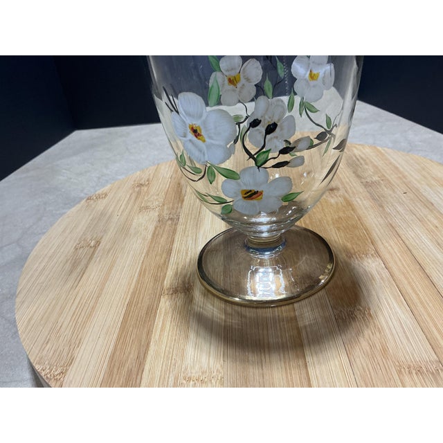 Mid 20th Century Hand-Painted Floral Glass Covered Candy Jar With Gold Trim For Sale - Image 4 of 5