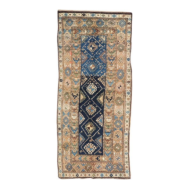 Antique Blue Kazak Gallery Rug, Hand-Knotted Wool, Caucasus 3'10 X 9'8 For Sale