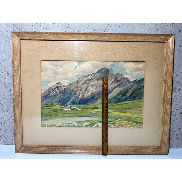 Fritz Wucherer Swiss Alps Watercolor Painting, Framed Cabin Landscape, 1941 For Sale - Image 9 of 10