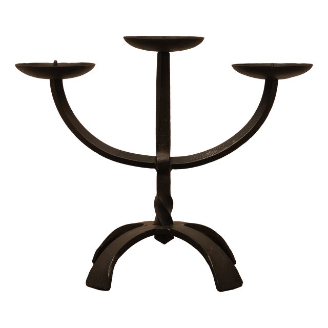 Brutalist Three-Light Chandelier in Hammered Wrought Iron, France, 1960s For Sale