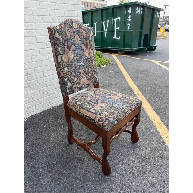 Pair of Vintage French Style Hand Pegged Mutton Leg Tapestry Upholstery Chairs. For Sale - Image 4 of 11