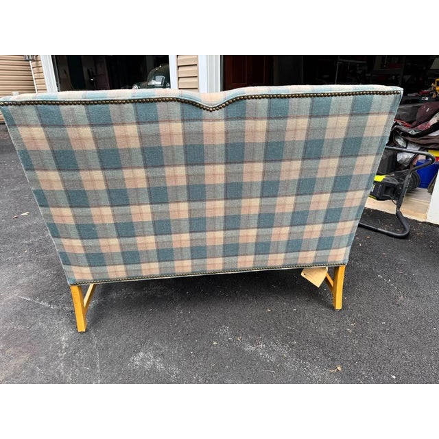 Shabby Chic Vintage North Hickory Furniture Blue/Tan Plaid Wingback Settee W/ Nail Head Trim For Sale - Image 3 of 18