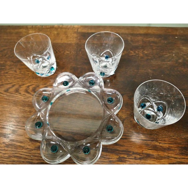 Glass Floride Crystal and Turquoise Whiskey Tumblers and Assiette from Lalique, 1960, Set of 7 For Sale - Image 7 of 8