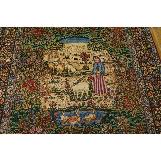 Early 20th Century 1920s Fine Green Small Pictorial Garden of Paradise Antique Floral Kerman Rug For Sale - Image 5 of 6
