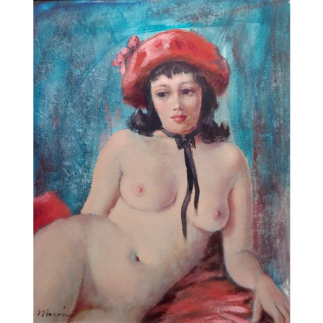 French Provincial Mancini 1960s Nude Brunette Wearing a Red Hat -Oil Painting For Sale - Image 3 of 9