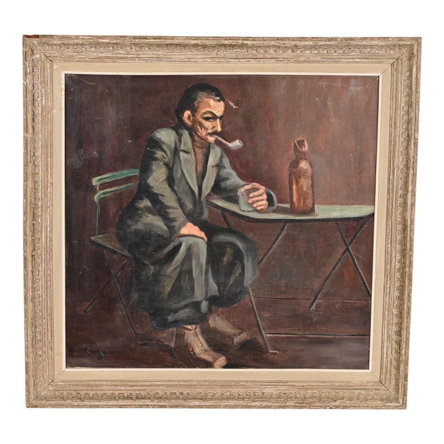 Original Signed Roberte Holly-Logeais Framed Oil Painting on Canvas of Drinking Man For Sale