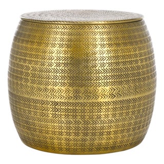 Apoline Drum Side Table with Storage in Antique Brass For Sale