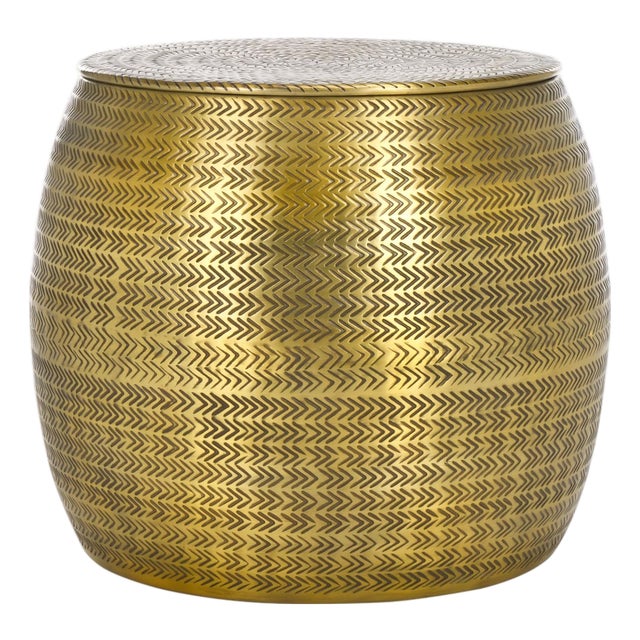 Apoline Drum Side Table with Storage in Antique Brass For Sale