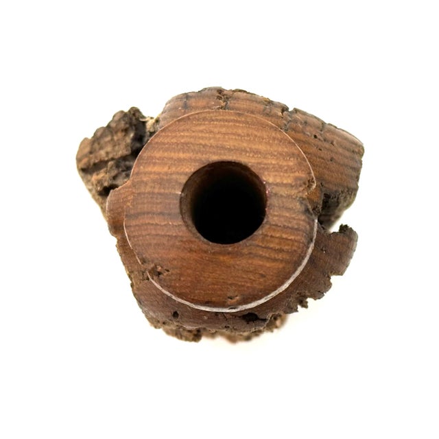 This pair of mid-century hand made wooden weed pot vases have lots raw live edge details and finished hand-turned tops....