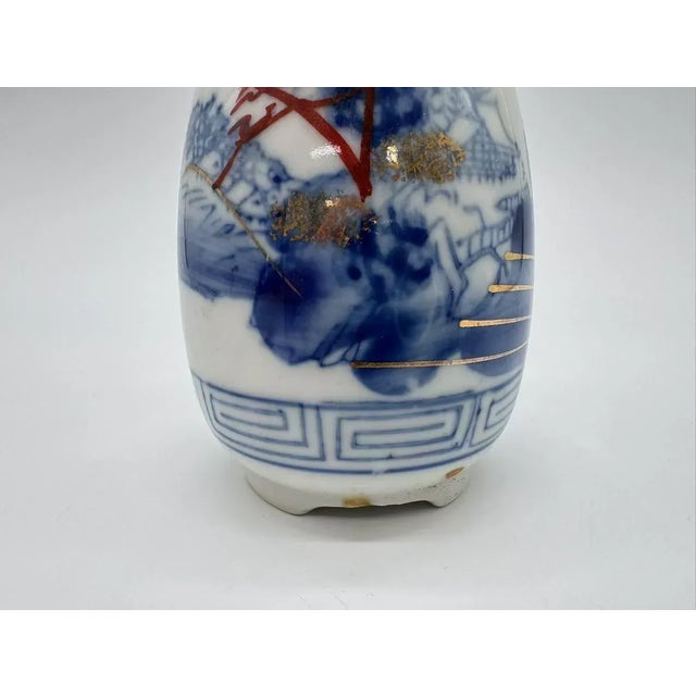 Ceramic Antique Japanese Blue and White Porcelain Sake Bottle With Landscape Design For Sale - Image 7 of 8