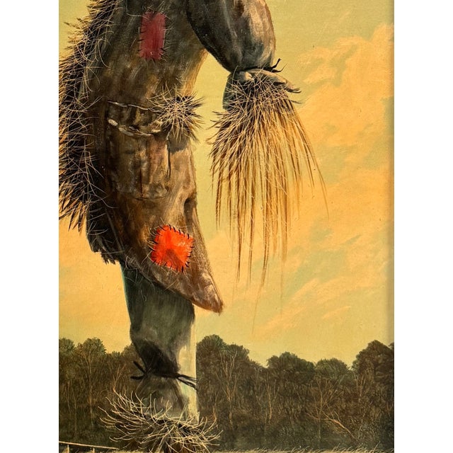 Wood Early 20th Century The Enigmatic Sentinel: A Pastoral Scarecrow Scene in Oil and Sgraffito For Sale - Image 7 of 12