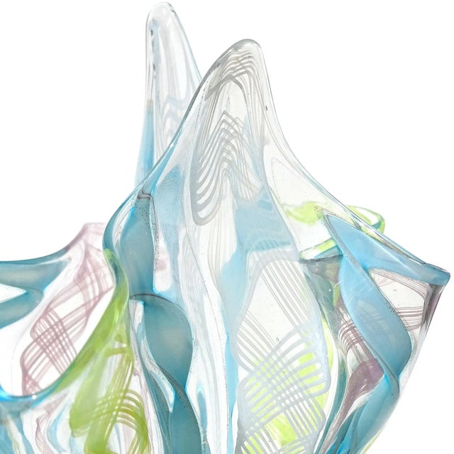 Late 20th Century Vintage Murano Pink Yellow Blue Pastel Colors Italian Art Glass Fazzoletto Handkerchief Decorative Vase For Sale - Image 5 of 8
