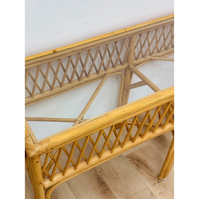 Vintage Coastal Wicker Rattan Console Table Woven Lattice Glass Top Beige Boho For Sale In Tampa - Image 6 of 14