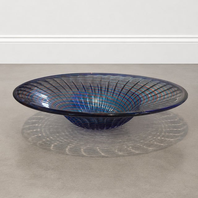 Murano Signed Stefano Toso Murano Art Glass Swirl Centerpiece Bowl - Handblown Blue, Red and Aqua Spiral Bowl For Sale - Image 4 of 7