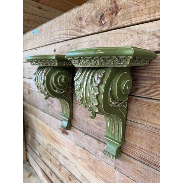 Pair of Carved Acanthus Wall Bracket Shelves / Corbels in Distressed Green Finish For Sale - Image 9 of 11