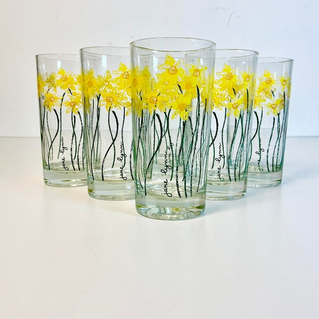 Mid-Century Modern 1970s Vintage Boho Chic Daffodils Jane Lynn Glassware - Set of 6, After Georges Briard For Sale - Image 3 of 14