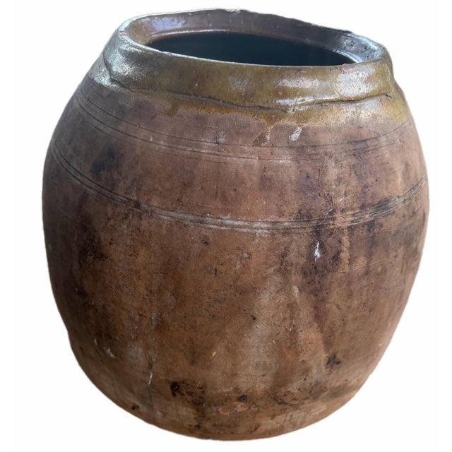 Ceramic Antique Large Terracotta Olive Jar With Olive Green Glazed Rim - Rustic Stoneware Storage Vessel, 19th Century For Sale - Image 7 of 12