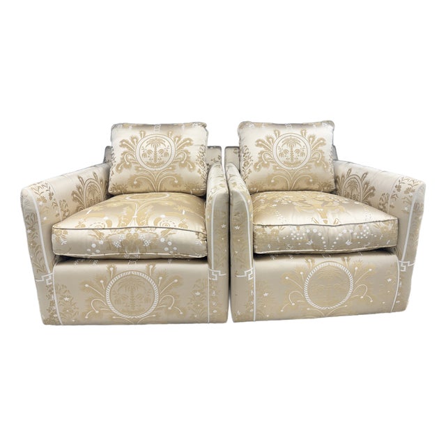 1990s Pair of Scalamandre Silk Tropical Gold White Swivel Club Chairs For Sale