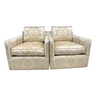 Pair of Scalamandre Silk Tropical Gold White Swivel Club Chairs For Sale